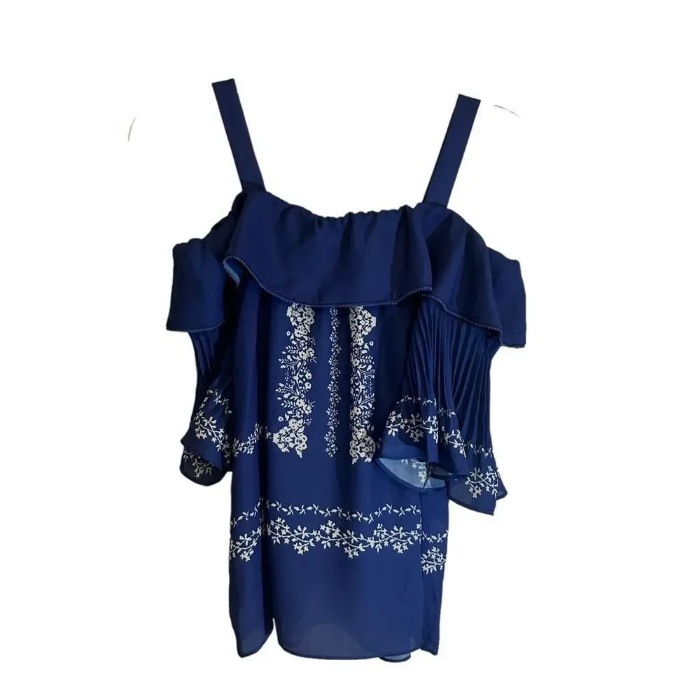 Self-portrait Flower Spell Off The Shoulder Printed Georgette Top Blue